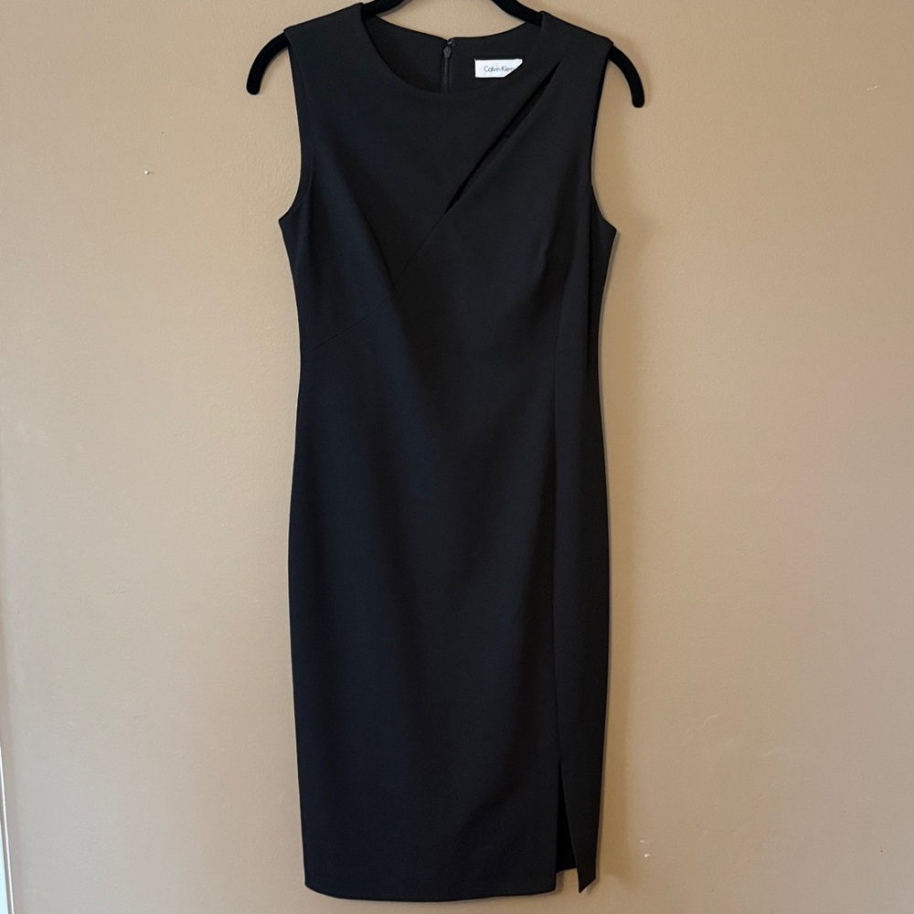 Calvin Klein Black Asymmetrical Midi Sheath Dress Sleeveless Career Office Small - Picture 2 of 13
